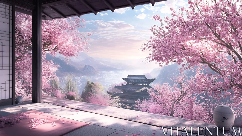 Cherry blossom terrace view over distant mountain temple.