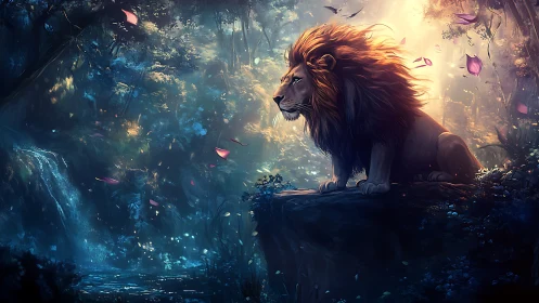 Gentle lion guardian watching over a glowing twilight forest.