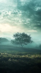 Solitary tree in misty meadow under brooding dawn sky.