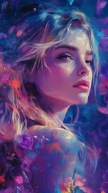 Nebula-kissed muse rising from a storm of painted starlight.