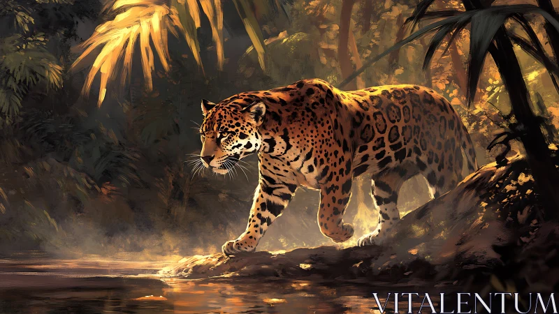 Jungle Jaguar Stalks Golden Sunlit Stream in Mystical Forest.