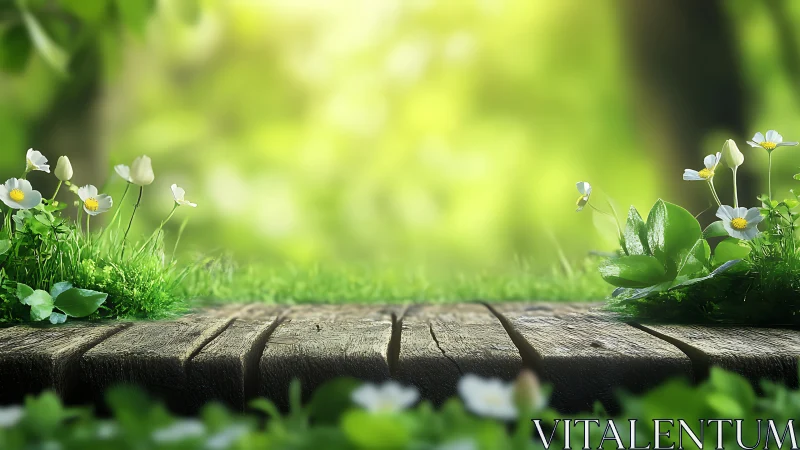 Photorealistic woodland plank stage with wildflower edging.