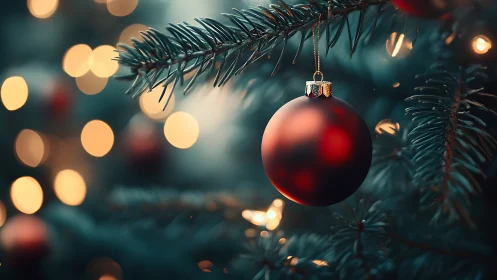 Cozy red ornament glowing softly on a twinkling tree branch.