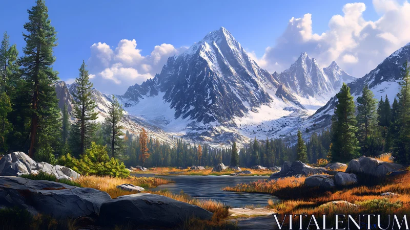 Snow covered mountain range above forested alpine valley.