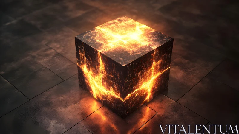 Glowing Cracked Stone Cube in Dark Futuristic Setting.