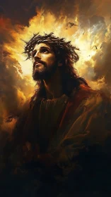 Digital painting of radiant robed figure in fiery ascension scene.