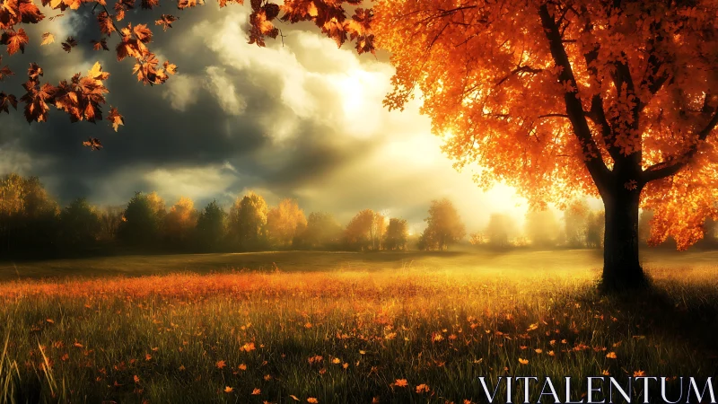 Golden autumn meadow under glowing afternoon light.