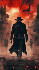 Gunslinger in crimson sky storm, cinematic western showdown.