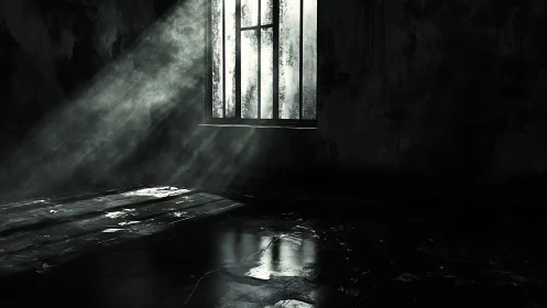 Light piercing barred window in desolate dark interior.
