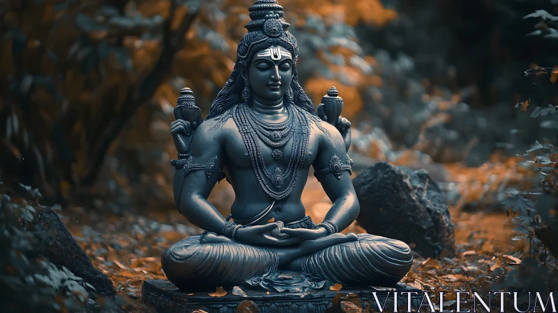 Forest bronze deity meditates through embers of twilight