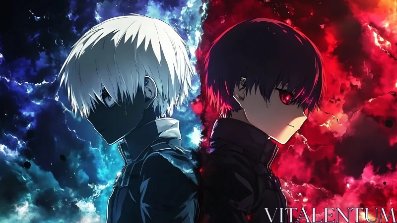 Twinned anime souls divide blue sorrow and crimson rage.