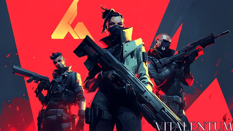 Masked tactical squad in neon red cyberpunk battlefield.