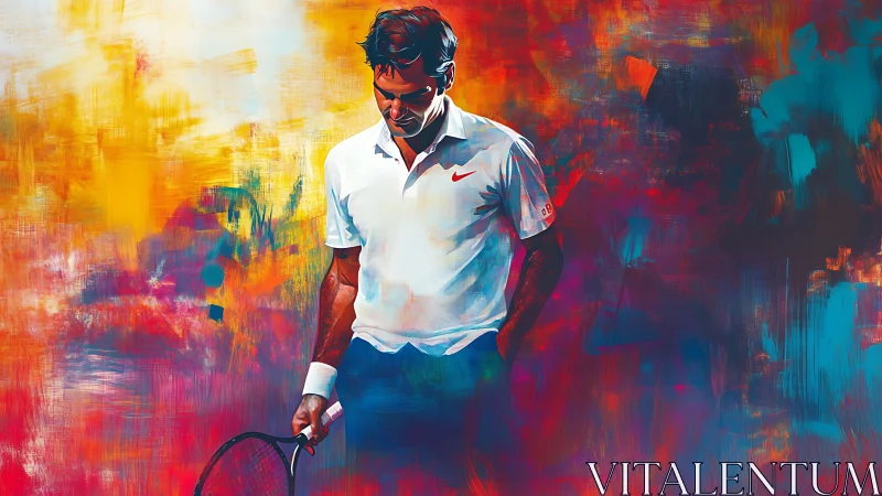 Pensive tennis player amid abstract neon color storm.