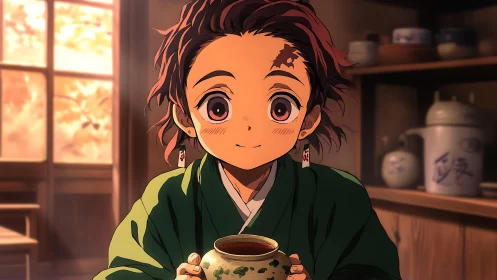 Warm anime portrait of smiling boy with tea cup indoors.