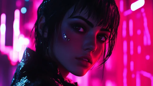 Neon-lit cyberpunk portrait captures a moody futuristic gaze