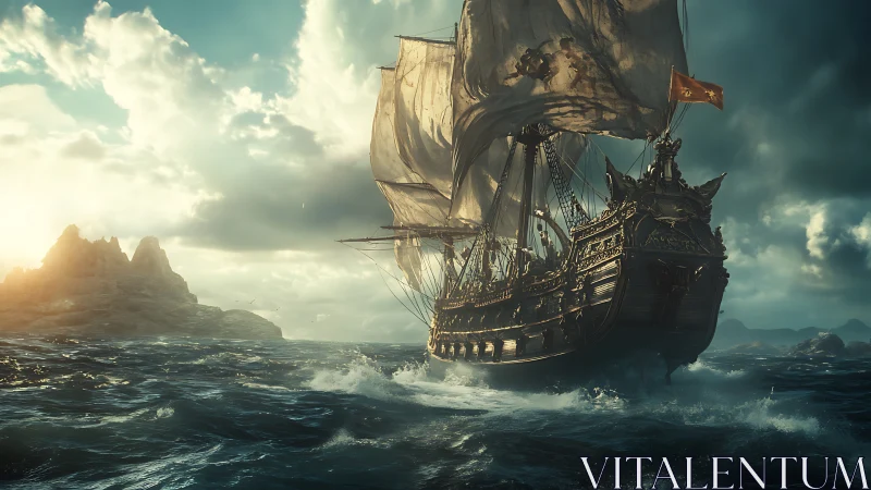 Tall sailing ship cuts through stormy sea at sunset.