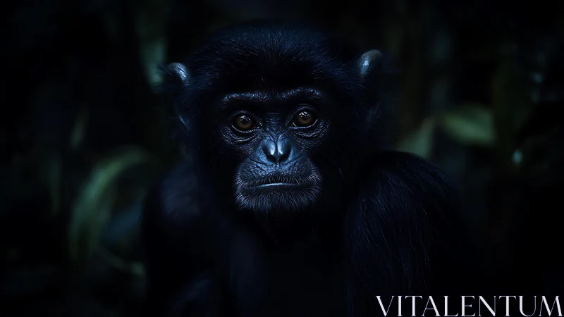 Close portrait of dark-furred primate in low jungle light.