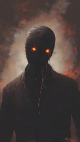 Humanoid figure with glowing eyes in smoke-filled backdrop.