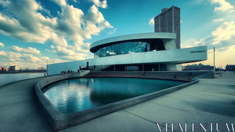 Futuristic riverside pavilion curves around reflective pool.
