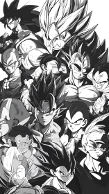 Fierce anime warriors gathered in a bold monochrome storm.