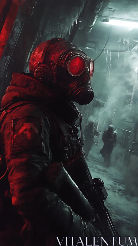Armored gas mask soldier in icy industrial corridor scene.