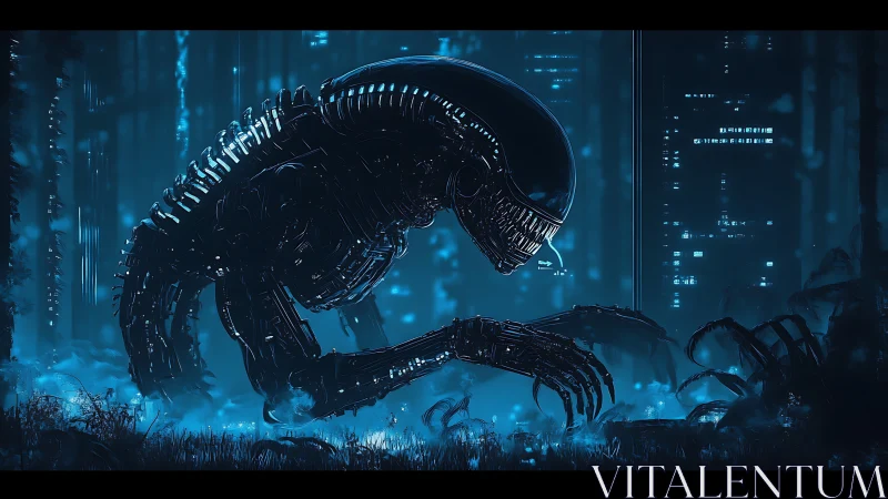 Biomechanical creature kneels in blue lit futuristic forest