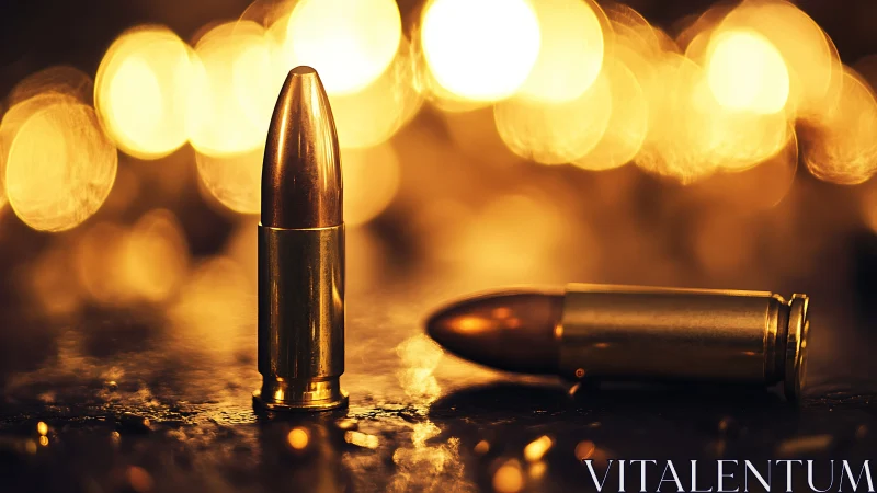 9mm bullets stand against blurred bokeh lights on metal
