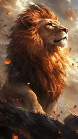 Majestic lion rendered in dramatic backlight atop rocky rise