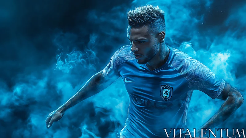 Dynamic soccer player sprinting through vivid blue smoke