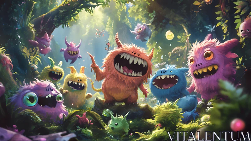 Colorful forest monsters celebrate under dappled sunlight.