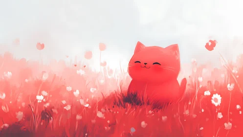 A Red Cat Smiling in a Dreamy Poppy Meadow.