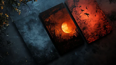 Halloween triptych with blood moon and flying bats at night.