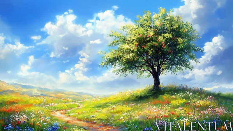 Sunlit hillside tree overlooking a joyful wildflower meadow.