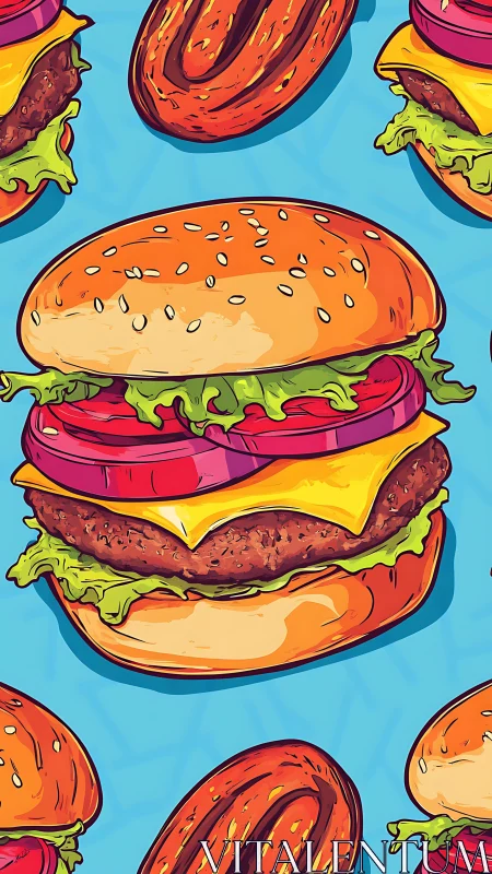 Bold cartoon burger pattern with hot dog accents on blue.