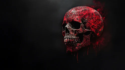 Fractured crimson skull with textured decay on black void.