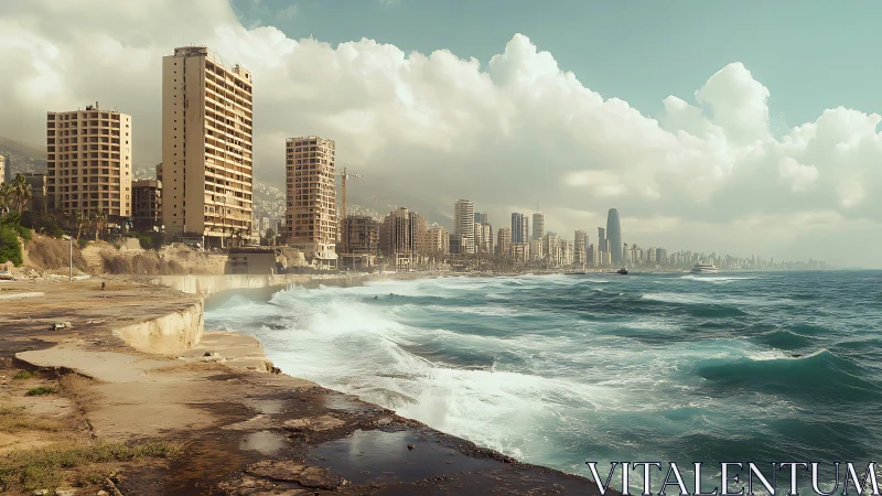 Coastal city skyline with waves against weathered promenade.
