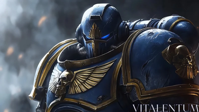 3D armored space warrior with gothic gold heraldry detail.