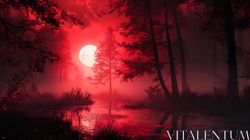 Crimson fog forest under oversized backlit lunar disc.
