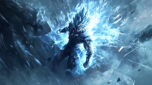 Celestial warrior ignites in blue energy amidst fracturing void.