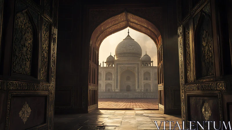 Taj Mahal framed through ornate gateway at sunrise.