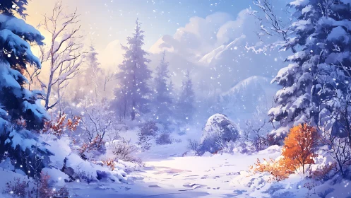 Winter forest clearing under pastel dawn snowfall glow.