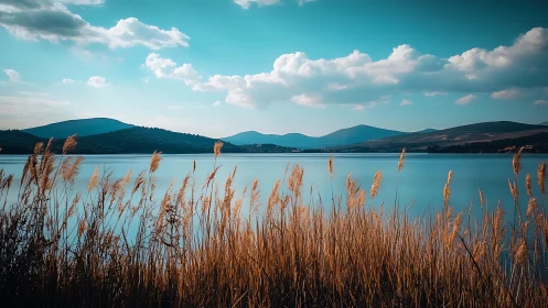 Photorealistic lakeside panorama with golden reeds foreground.