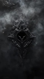 Obsidian gothic sigil emerges sharply from vaporous darkness