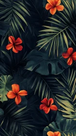 Tropical flora arrangement with orange blossoms and dark foliage.