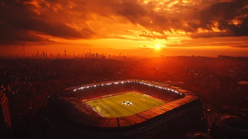 Sunset stadium glow over a city buzzing with match night.