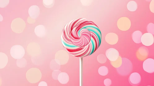 Giant Swirl Lollipop Against Pink Bokeh Background.