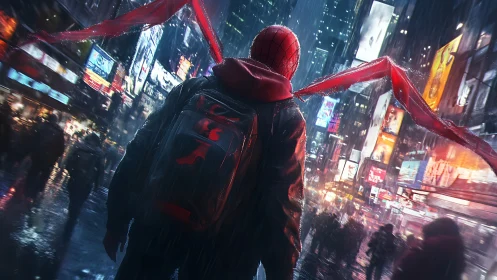 Digital painting of masked vigilante in neon-soaked urban rainscape.