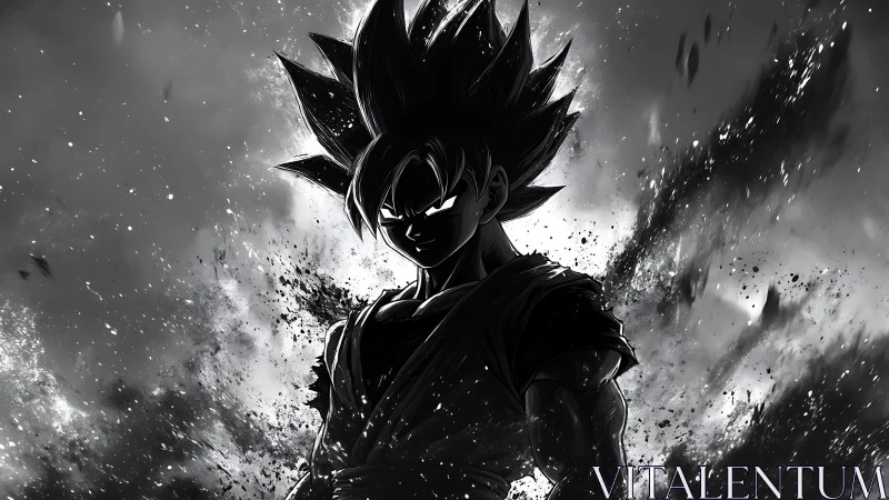 Shadow-charged anime warrior stands in a storm of power