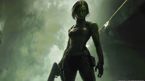 Armored green warrior stands in toxic sci fi haze.