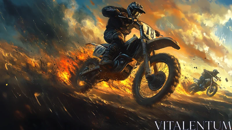 Flaming dirt riders carve molten streaks through stormy dusk